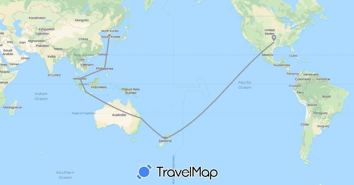 TravelMap itinerary: plane in Australia, Indonesia, South Korea, Malaysia, New Zealand, Philippines, United States (Asia, North America, Oceania)